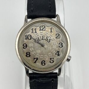 Vtg Guess Watch Women 34mm Silv Tone Black Leather Band 1991- New Battery
